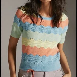 Anthropologie colorblock novelty stitch half sleeve knit tee EUC‎ G